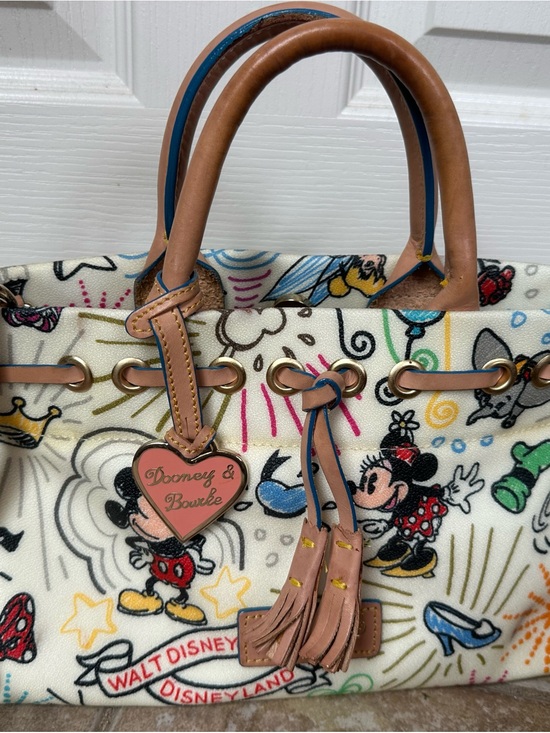 Dooney & Bourke Handbags - Dooney & Bourke Cream Disney Minnie & Mickey Canvas Tote with Tan Leather Trim